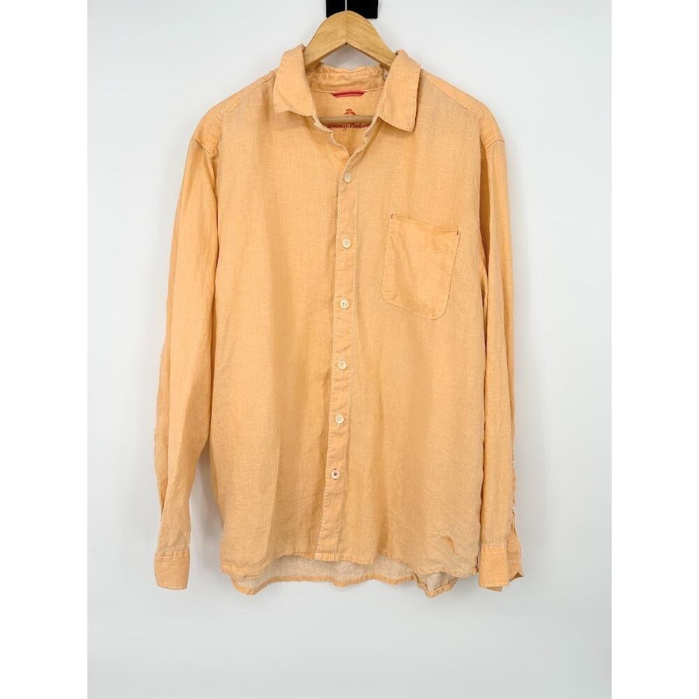 Tommy Bahama Relax Men XL Peach 100% Linen Long Sleeve Button Down Shirt Coastal
